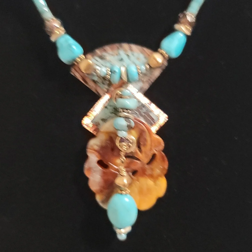 Turquoise & Brown Jade Beaded Necklace - Picture 3 of 7